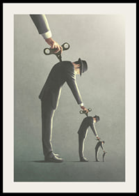 Illustrated man in gray suit unrolling a copy of himself-2
