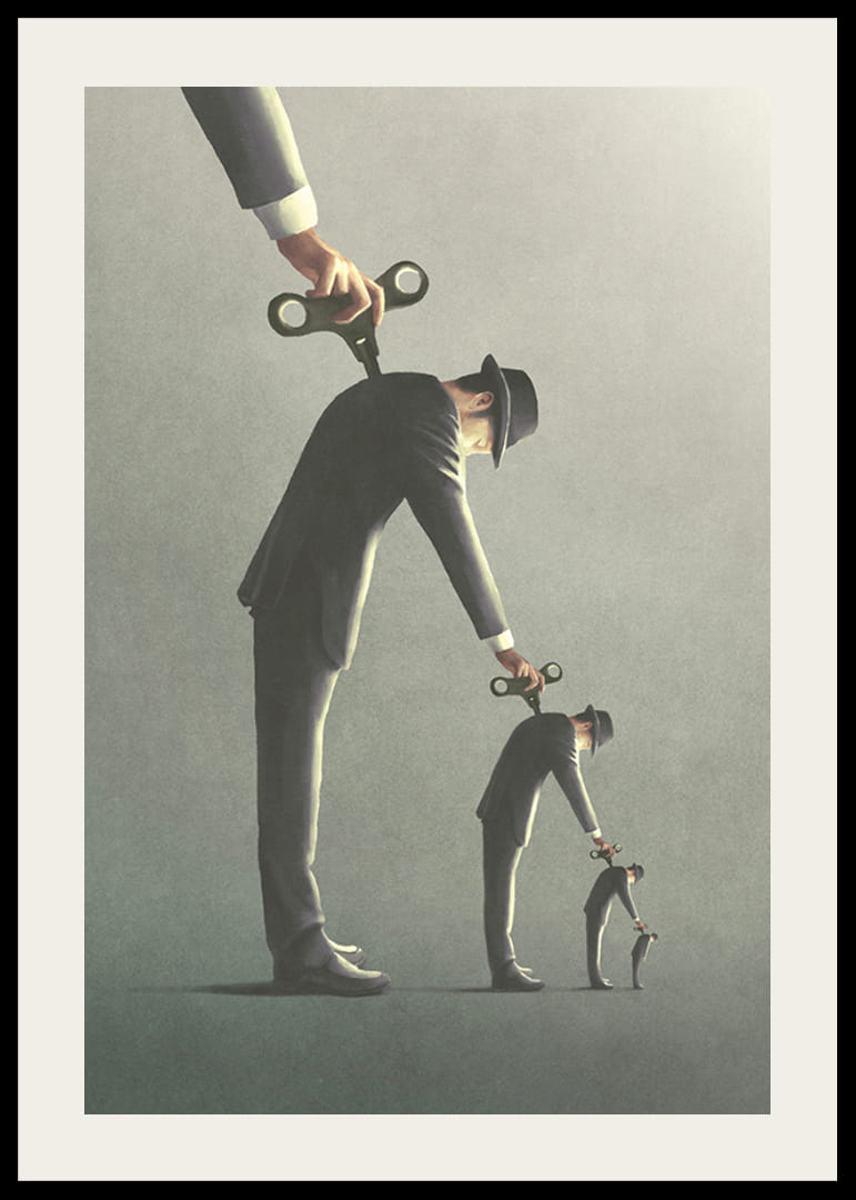 Ilustrovaný muž v sivom obleku, ktorý rozbaľuje svoju kópiu-12