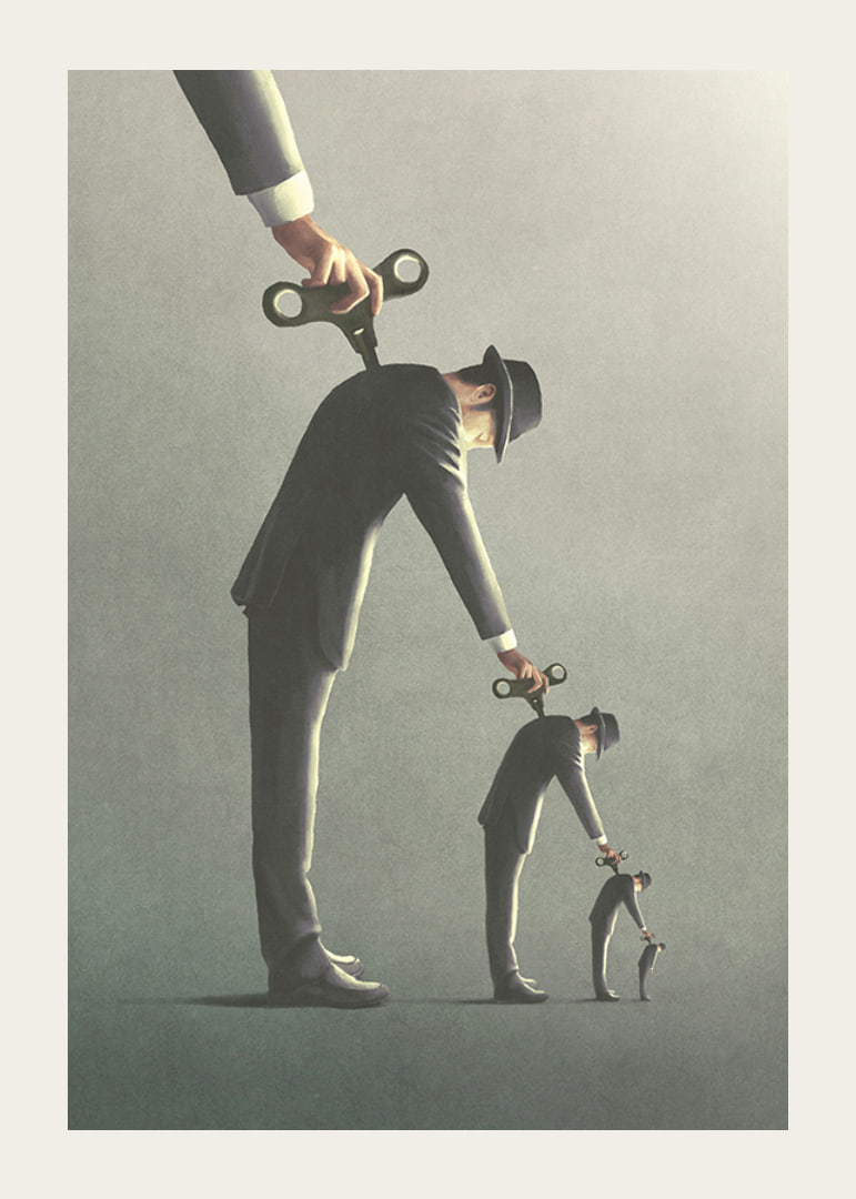 Illustrated man in gray suit unrolling a copy of himself-12