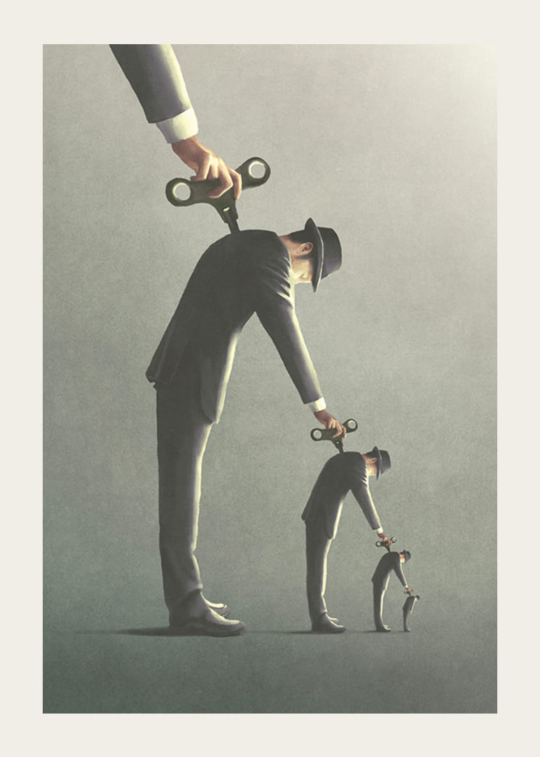 Ilustrovaný muž v sivom obleku, ktorý rozbaľuje svoju kópiu-12