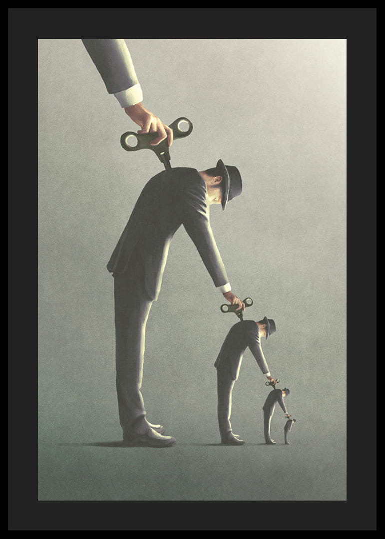 Illustrated man in gray suit unrolling a copy of himself-12