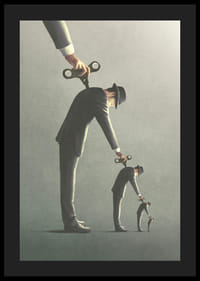 Ilustrovaný muž v sivom obleku, ktorý rozbaľuje svoju kópiu-4