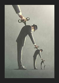 Illustrated man in gray suit unrolling a copy of himself-5