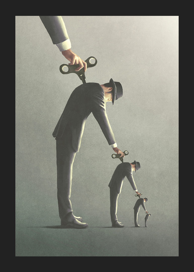 Illustrated man in gray suit unrolling a copy of himself-12