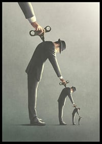 Illustrated man in gray suit unrolling a copy of himself-6
