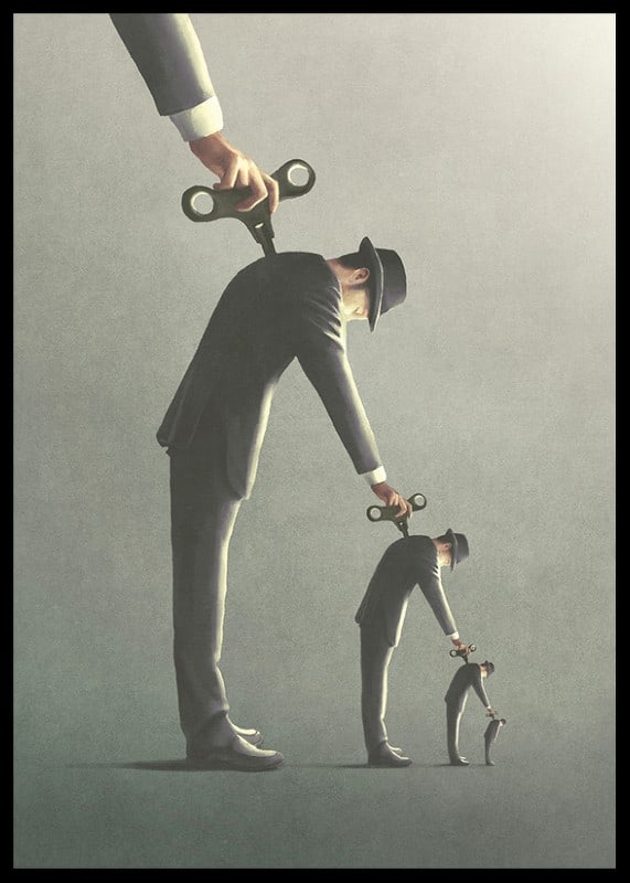 Illustrated man in gray suit unrolling a copy of himself-12