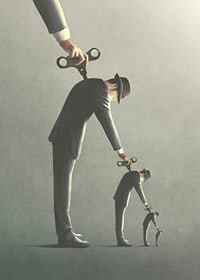 Illustrated man in gray suit unrolling a copy of himself-7