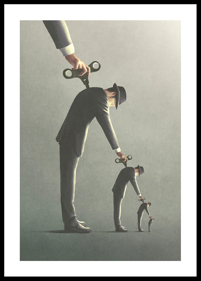 Illustrated man in gray suit unrolling a copy of himself-12