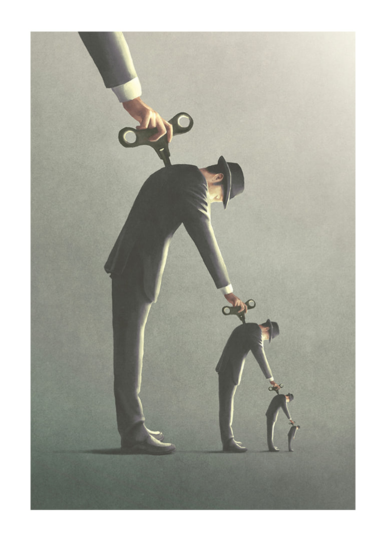 Illustrated man in gray suit unrolling a copy of himself-12