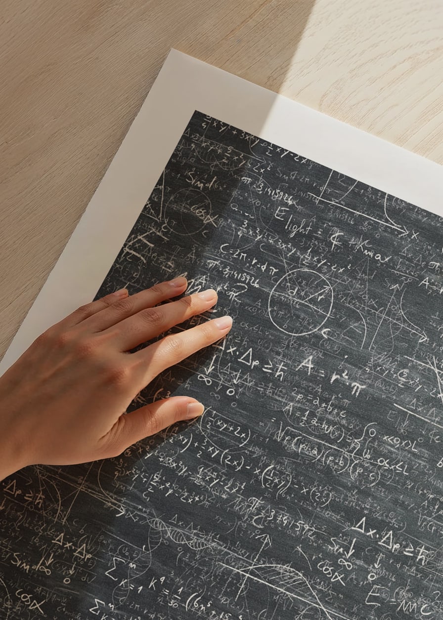Muž v klobúku stojaci pred veľkou tabuľou s matematickými vzorcami-12