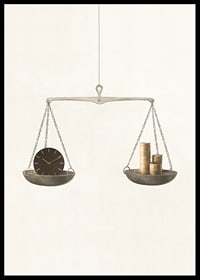 Illustration of scales with clock and coins on beige background-6