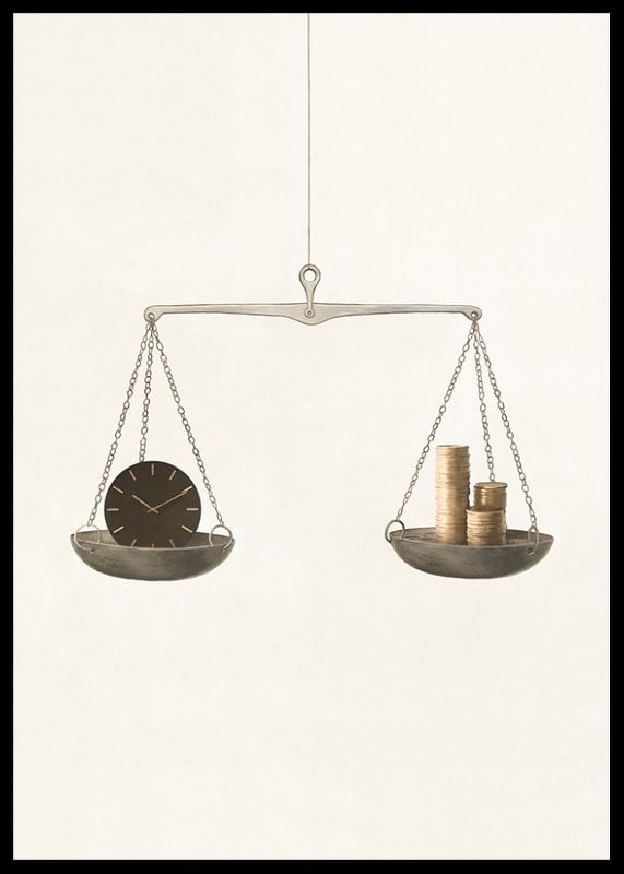 Illustration of scales with clock and coins on beige background-12