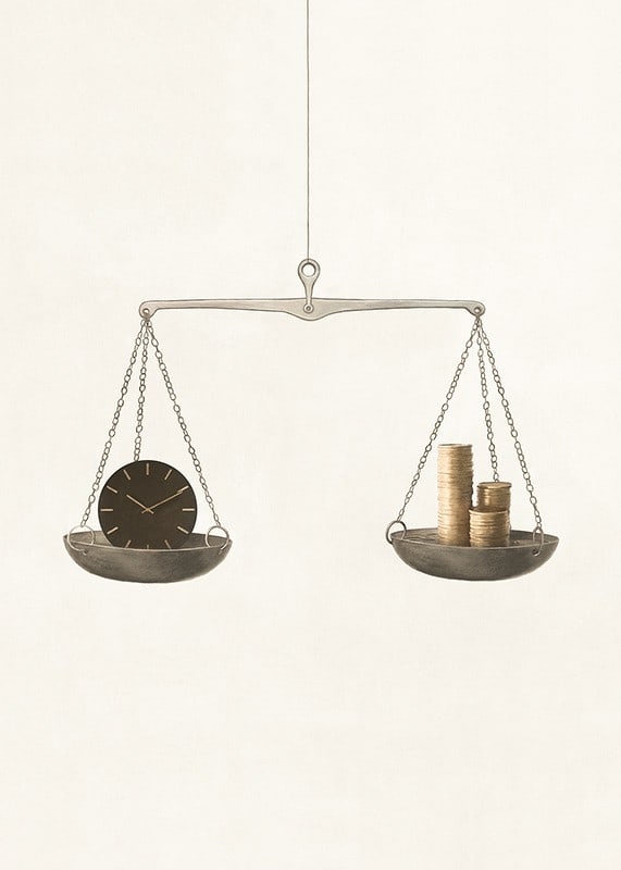 Illustration of scales with clock and coins on beige background-12