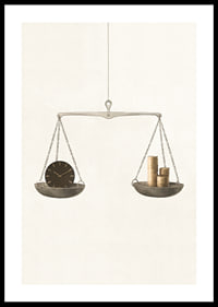 Illustration of scales with clock and coins on beige background-0