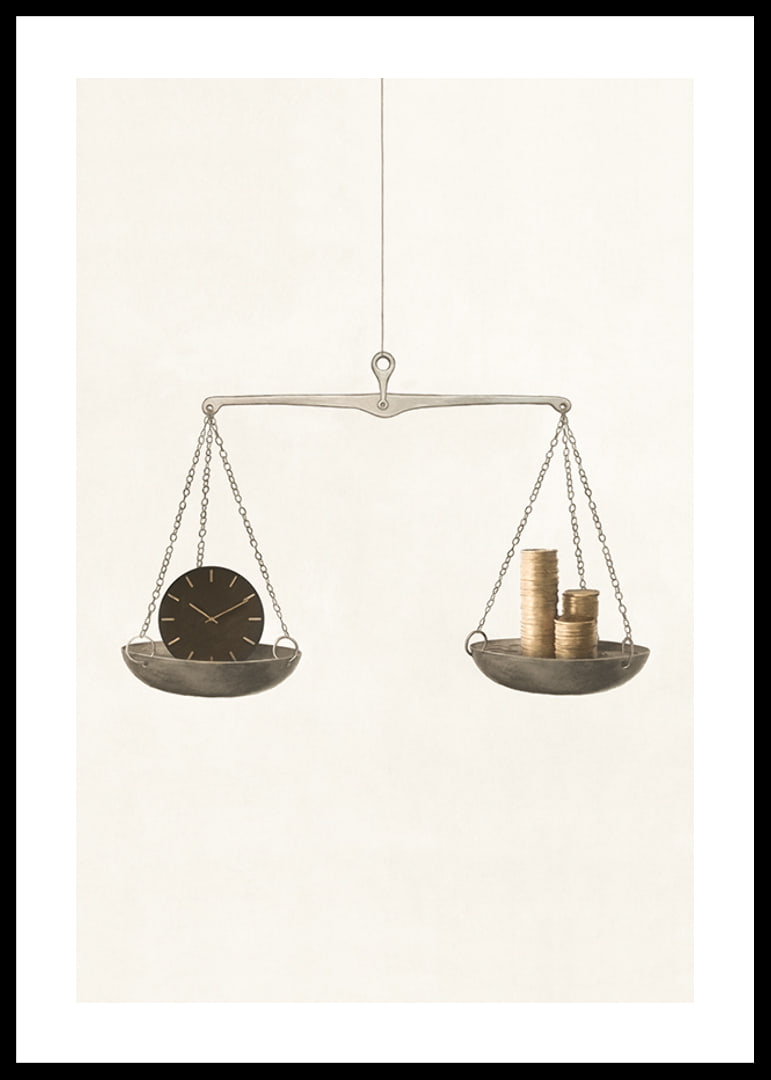 Illustration of scales with clock and coins on beige background-12