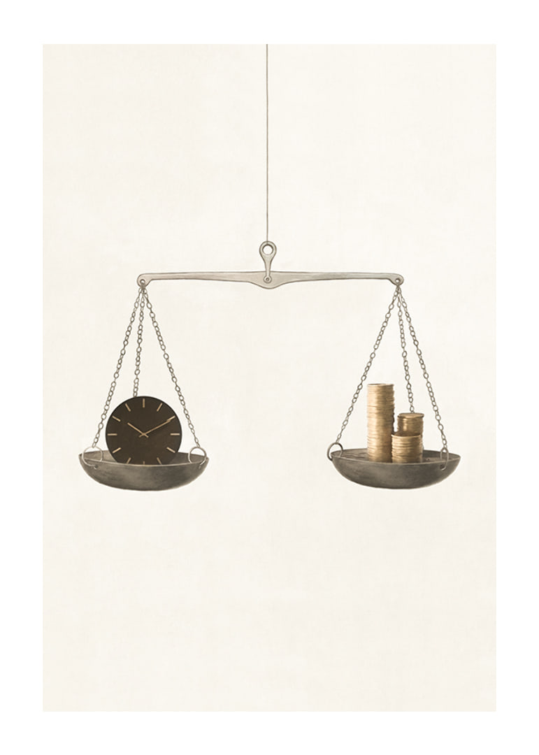 Illustration of scales with clock and coins on beige background-12