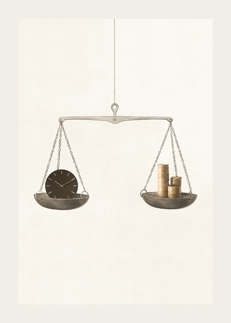 Illustration of scales with clock and coins on beige background-12