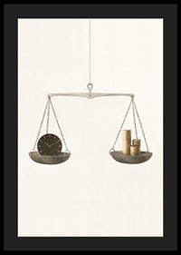 Illustration of scales with clock and coins on beige background-4