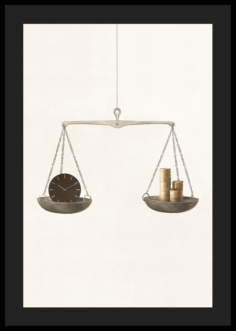 Illustration of scales with clock and coins on beige background-12