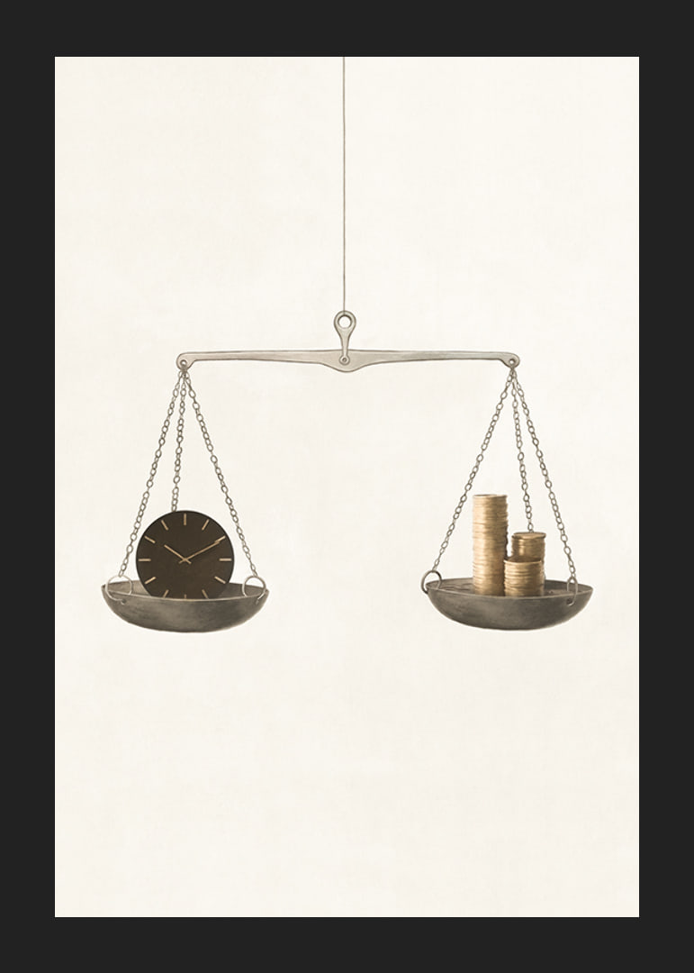 Illustration of scales with clock and coins on beige background-12