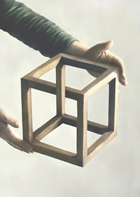 Illustration of two hands holding an impossible wooden cube-7