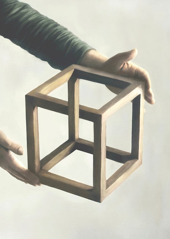 Illustration of two hands holding an impossible wooden cube-12