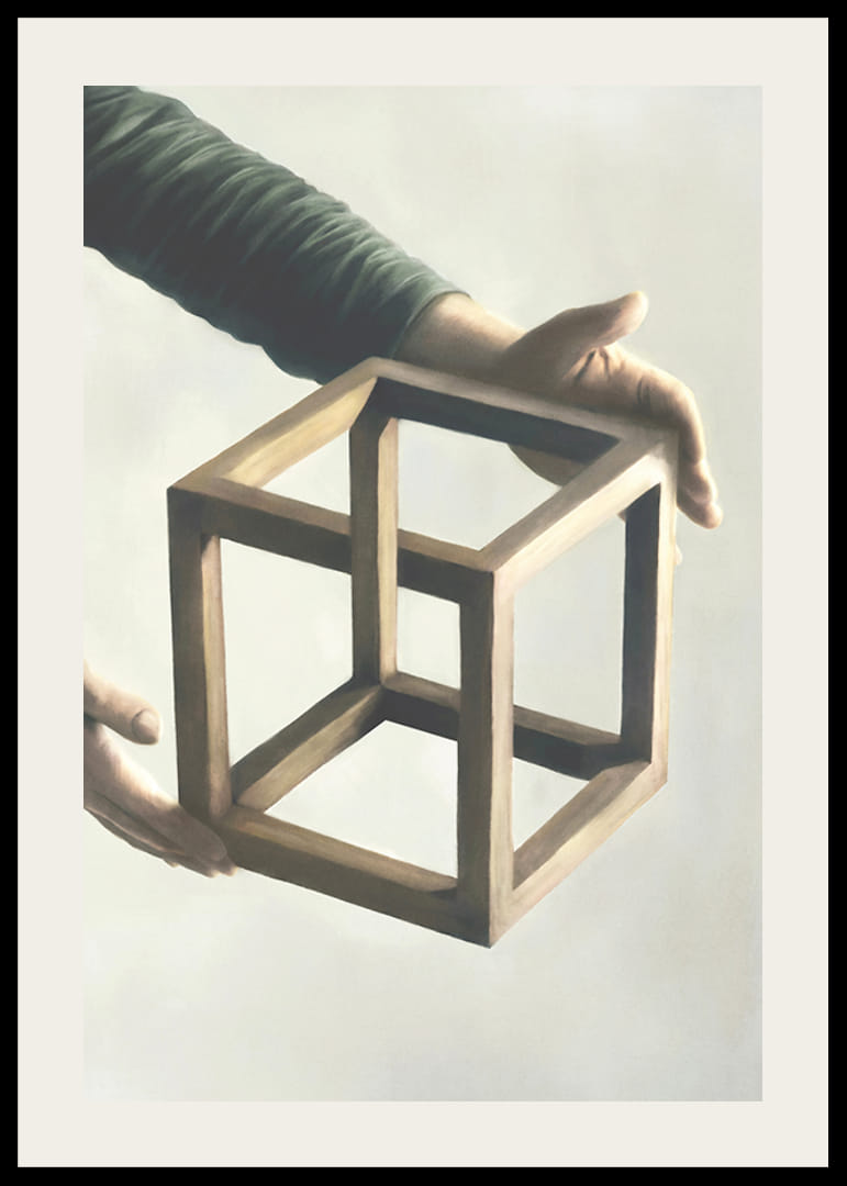 Illustration of two hands holding an impossible wooden cube-12