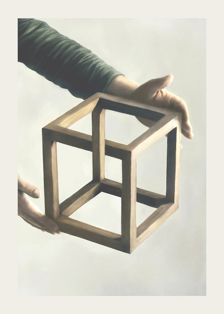 Illustration of two hands holding an impossible wooden cube-12