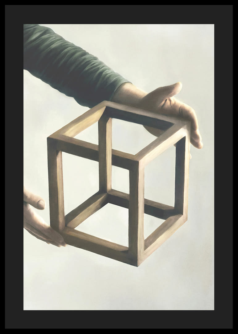 Illustration of two hands holding an impossible wooden cube-12