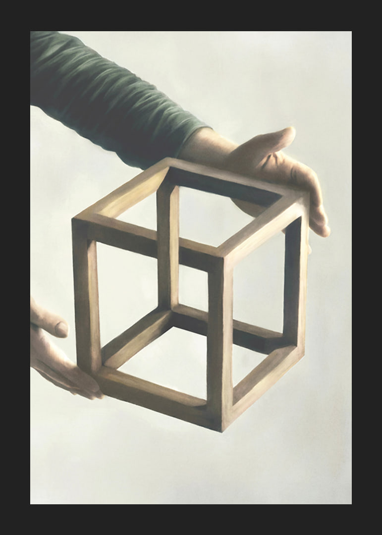 Illustration of two hands holding an impossible wooden cube-12