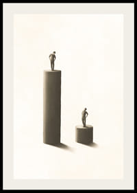 Illustrated figures on pillars of different heights, beige tones-2