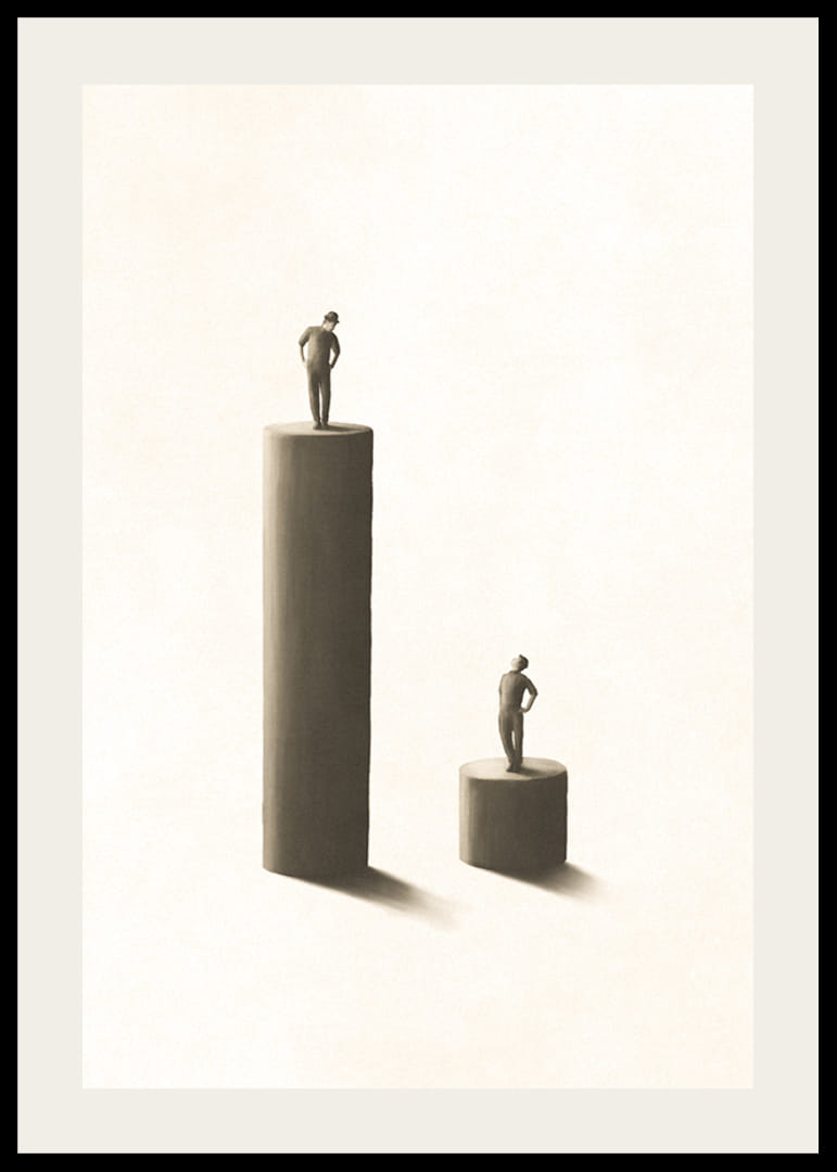 Illustrated figures on pillars of different heights, beige tones-12