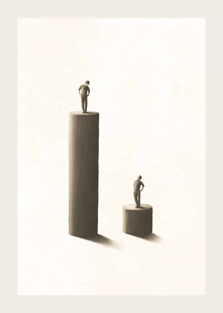 Illustrated figures on pillars of different heights, beige tones-12