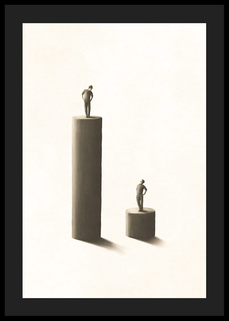 Illustrated figures on pillars of different heights, beige tones-12