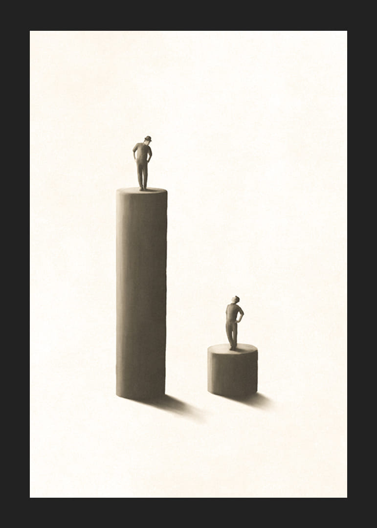 Illustrated figures on pillars of different heights, beige tones-12