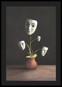 Kuvitus teatterinaamioista kasvien varsilla maljakossa, tummat sävyt-0