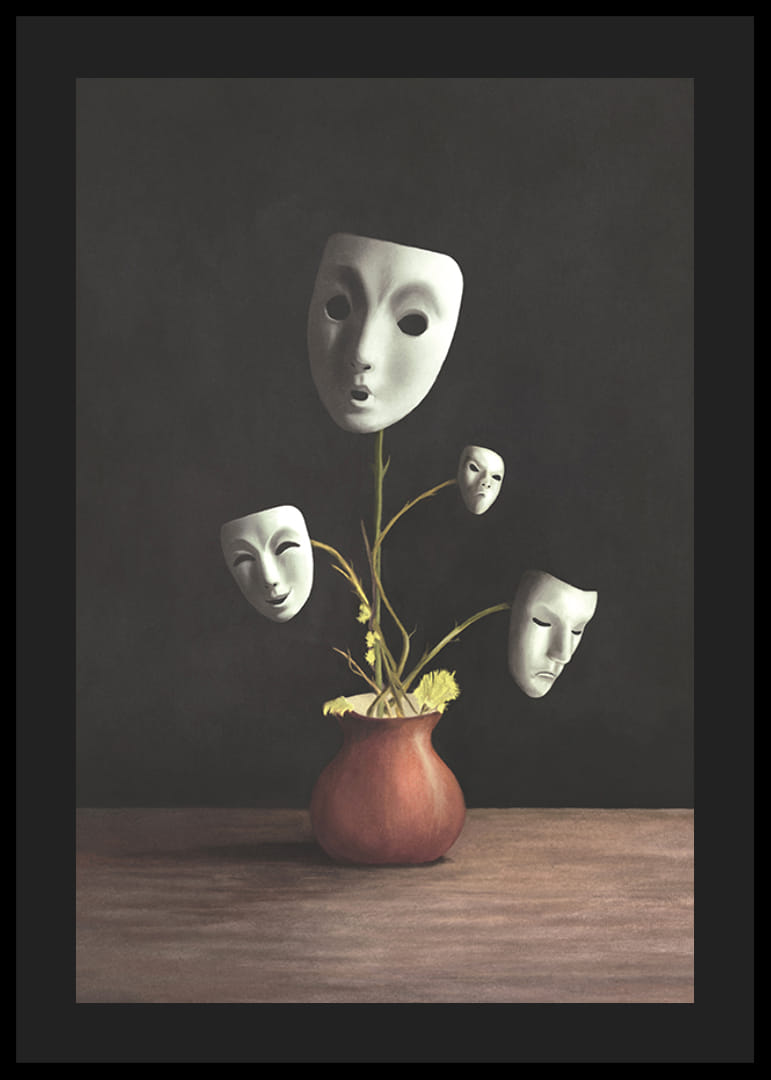 Kuvitus teatterinaamioista kasvien varsilla maljakossa, tummat sävyt-12