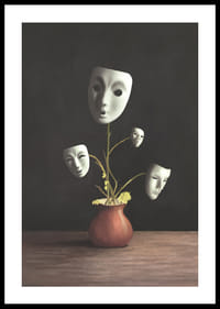 Kuvitus teatterinaamioista kasvien varsilla maljakossa, tummat sävyt-2