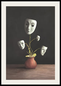 Kuvitus teatterinaamioista kasvien varsilla maljakossa, tummat sävyt-4