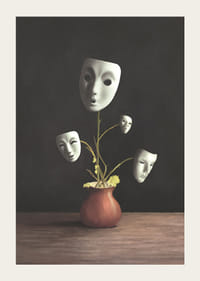 Kuvitus teatterinaamioista kasvien varsilla maljakossa, tummat sävyt-5