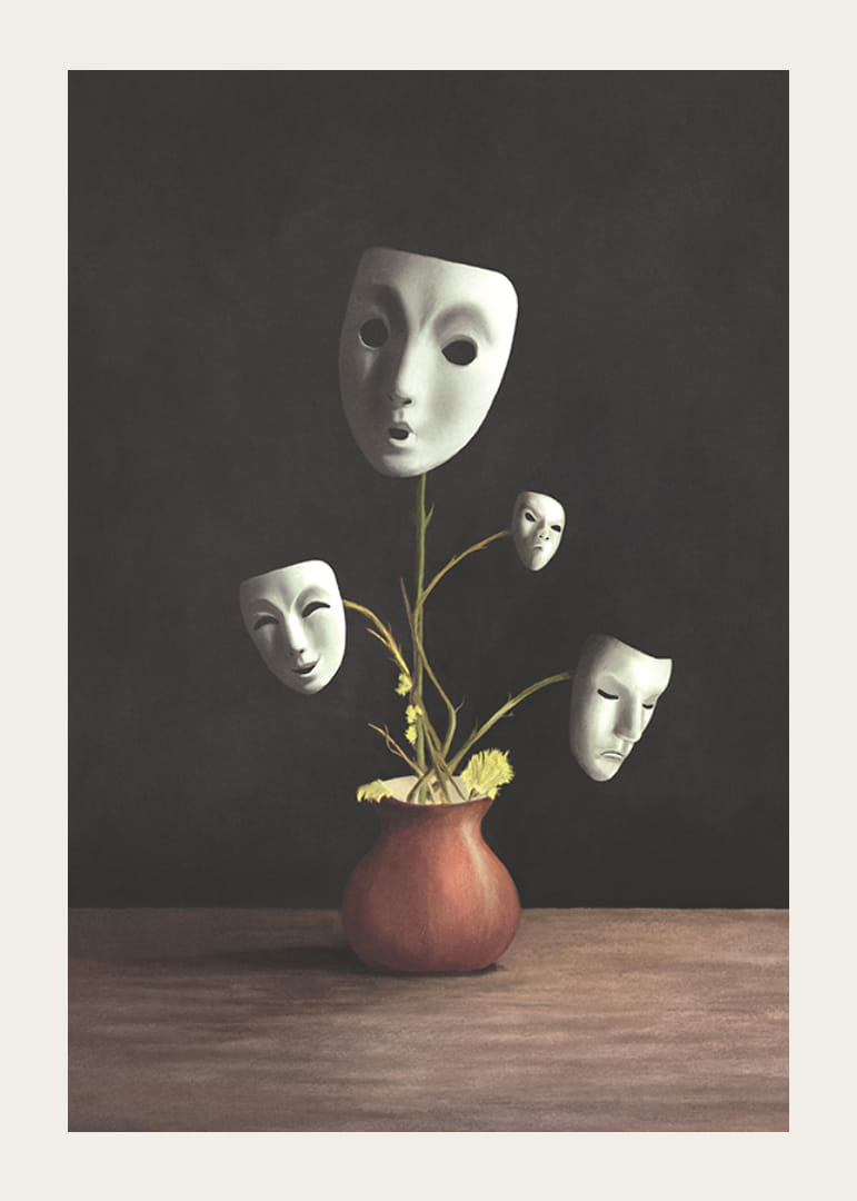 Kuvitus teatterinaamioista kasvien varsilla maljakossa, tummat sävyt-12