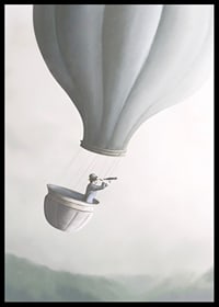 Illustration of man in hot air balloon with binoculars, soft gray tones-6