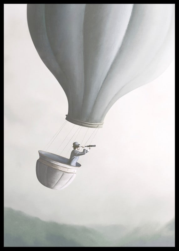 Illustration of man in hot air balloon with binoculars, soft gray tones-12
