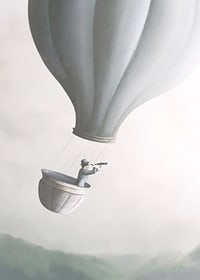 Illustration of man in hot air balloon with binoculars, soft gray tones-7