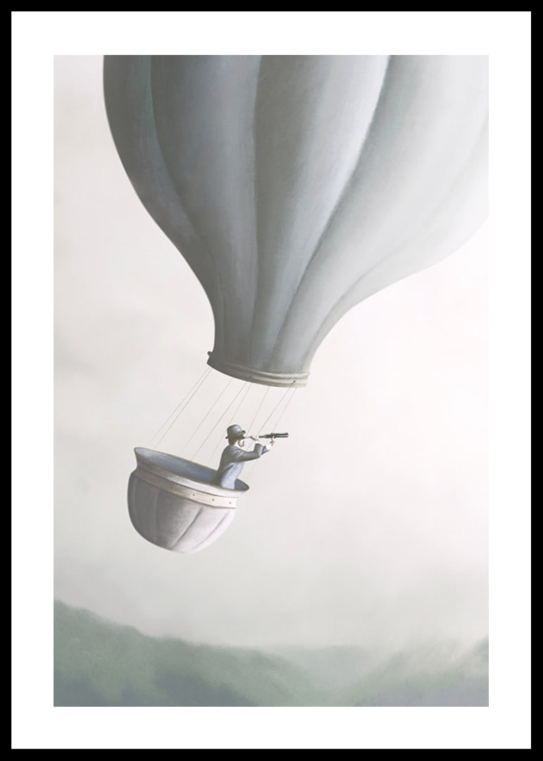 Illustration of man in hot air balloon with binoculars, soft gray tones-12