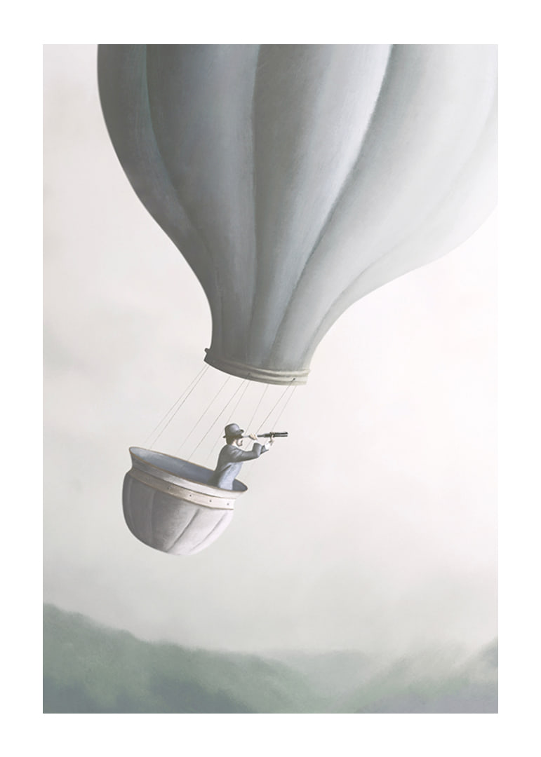Illustration of man in hot air balloon with binoculars, soft gray tones-12
