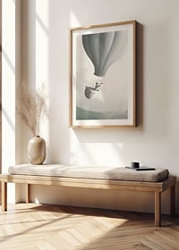 Illustration of man in hot air balloon with binoculars, soft gray tones-8