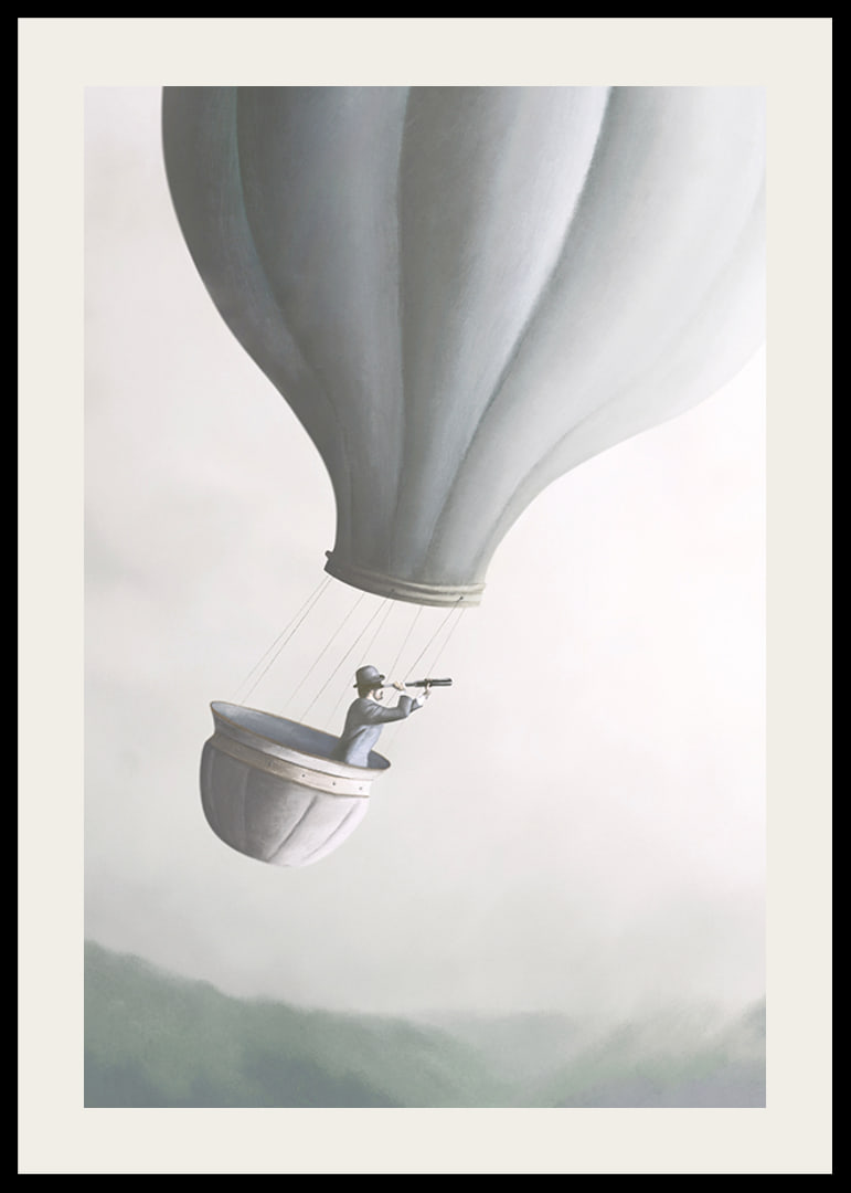 Illustration of man in hot air balloon with binoculars, soft gray tones-12