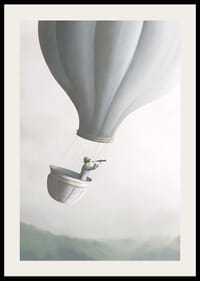 Abbildung: Mann im Heißluftballon mit Fernglas, sanfte Grautöne-2