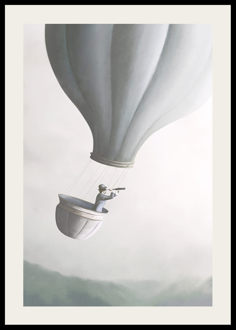 Abbildung: Mann im Heißluftballon mit Fernglas, sanfte Grautöne-12